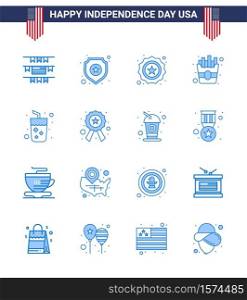 USA Independence Day Blue Set of 16 USA Pictograms of wine; drink; security; alcohol; food Editable USA Day Vector Design Elements