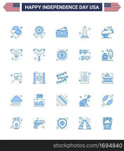 USA Independence Day Blue Set of 25 USA Pictograms of cannon  washington  money  usa  monument Editable USA Day Vector Design Elements
