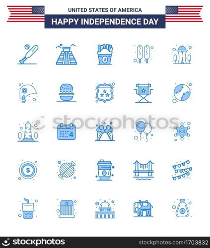 USA Independence Day Blue Set of 25 USA Pictograms of landmark; food; usa; hot dog; usa Editable USA Day Vector Design Elements