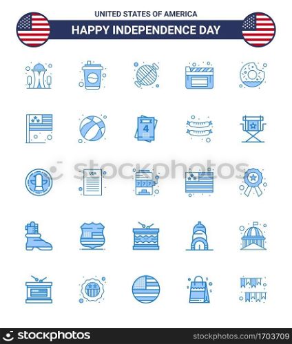 USA Independence Day Blue Set of 25 USA Pictograms of round  film  food  movies  party Editable USA Day Vector Design Elements