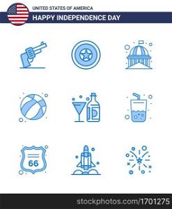 USA Independence Day Blue Set of 9 USA Pictograms of drink  football  building  ball  white Editable USA Day Vector Design Elements