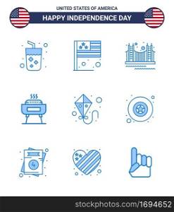 USA Independence Day Blue Set of 9 USA Pictograms of holiday; celebration; bridge; barbeque; tourism Editable USA Day Vector Design Elements