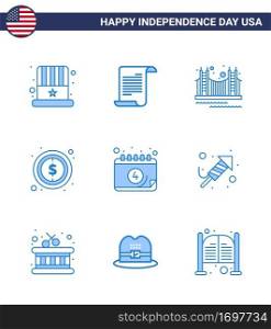 USA Independence Day Blue Set of 9 USA Pictograms of sign  money  bridge  usa  tourism Editable USA Day Vector Design Elements