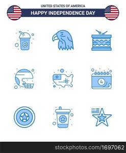 USA Independence Day Blue Set of 9 USA Pictograms of state  helmet  drum  football  st Editable USA Day Vector Design Elements