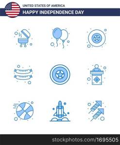 USA Independence Day Blue Set of 9 USA Pictograms of usa  independence day  military  independece  sausage Editable USA Day Vector Design Elements