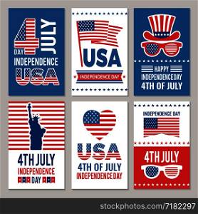 USA Independence day cards. Template of various 4 july labels of America identity vector illustration. USA Independence day cards. Template of various 4 july labels of America identity