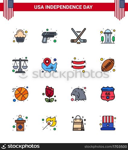USA Independence Day Flat Filled Line Set of 16 USA Pictograms of justice; space; hokey; needle; building Editable USA Day Vector Design Elements