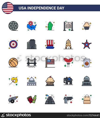 USA Independence Day Flat Filled Line Set of 25 USA Pictograms of entrance; saloon; location pin; doors; desert Editable USA Day Vector Design Elements