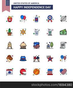 USA Independence Day Flat Filled Line Set of 25 USA Pictograms of bbq  food  alcohol  sign  police Editable USA Day Vector Design Elements