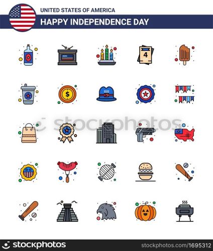 USA Independence Day Flat Filled Line Set of 25 USA Pictograms of beverage; food; fire; cream; wedding Editable USA Day Vector Design Elements