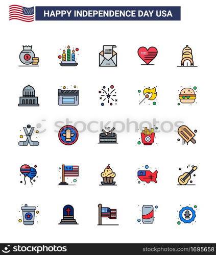 USA Independence Day Flat Filled Line Set of 25 USA Pictograms of building; flag; envelope; american; heart Editable USA Day Vector Design Elements