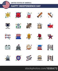 USA Independence Day Flat Filled Line Set of 25 USA Pictograms of chair  sports  alcohol  bat  ball Editable USA Day Vector Design Elements