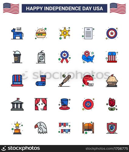USA Independence Day Flat Filled Line Set of 25 USA Pictograms of america; star; police; police; declaration of independence Editable USA Day Vector Design Elements