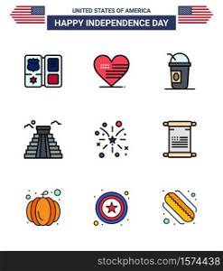 USA Independence Day Flat Filled Line Set of 9 USA Pictograms of fire; usa; america; american; building Editable USA Day Vector Design Elements