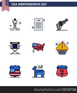 USA Independence Day Flat Filled Line Set of 9 USA Pictograms of map; television; hand; star; director Editable USA Day Vector Design Elements