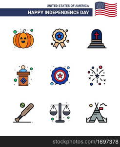 USA Independence Day Flat Filled Line Set of 9 USA Pictograms of usa  police  grave  sign  election Editable USA Day Vector Design Elements