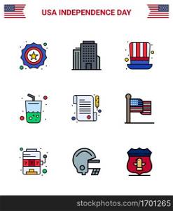 USA Independence Day Flat Filled Line Set of 9 USA Pictograms of day  paper  hat  cola  drink Editable USA Day Vector Design Elements