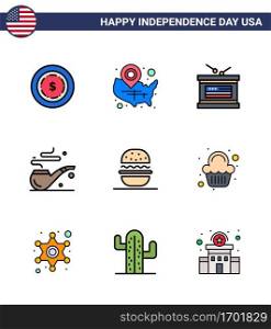 USA Independence Day Flat Filled Line Set of 9 USA Pictograms of american  burger  drum  st  pipe Editable USA Day Vector Design Elements