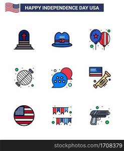 USA Independence Day Flat Filled Line Set of 9 USA Pictograms of usa; party; celebrate; grill; barbecue Editable USA Day Vector Design Elements