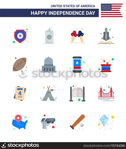USA Independence Day Flat Set of 16 USA Pictograms of ball; transport; icecream; spaceship; launcher Editable USA Day Vector Design Elements
