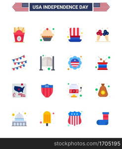 USA Independence Day Flat Set of 16 USA Pictograms of party bulb  buntings  hat  american  ice Editable USA Day Vector Design Elements