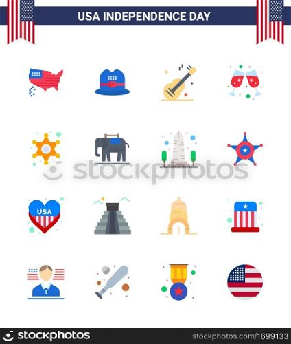 USA Independence Day Flat Set of 16 USA Pictograms of police sign; police; music; men; wine Editable USA Day Vector Design Elements