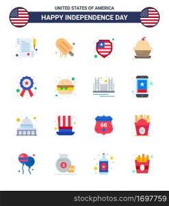 USA Independence Day Flat Set of 16 USA Pictograms of star  badge  protection  thanksgiving  muffin Editable USA Day Vector Design Elements