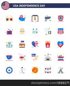 USA Independence Day Flat Set of 25 USA Pictograms of american  army  location pin  security  church bell Editable USA Day Vector Design Elements