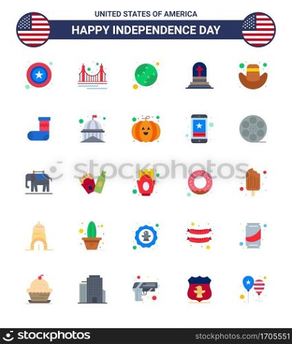USA Independence Day Flat Set of 25 USA Pictograms of american; gravestone; tourism; grave; united Editable USA Day Vector Design Elements
