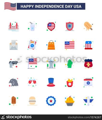 USA Independence Day Flat Set of 25 USA Pictograms of envelope; usa; soda; american; icecream Editable USA Day Vector Design Elements