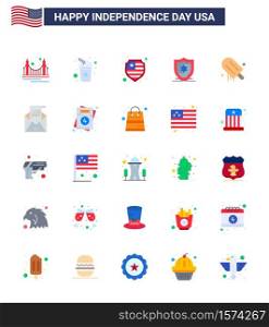 USA Independence Day Flat Set of 25 USA Pictograms of envelope; usa; soda; american; icecream Editable USA Day Vector Design Elements