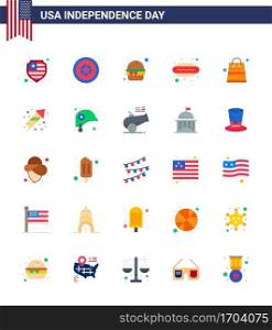 USA Independence Day Flat Set of 25 USA Pictograms of packages  bag  fast  hot i  dog Editable USA Day Vector Design Elements