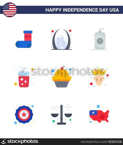 USA Independence Day Flat Set of 9 USA Pictograms of american  juice  usa  drink  usa Editable USA Day Vector Design Elements
