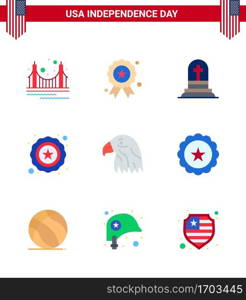 USA Independence Day Flat Set of 9 USA Pictograms of bird  usa  medal  star  rip Editable USA Day Vector Design Elements