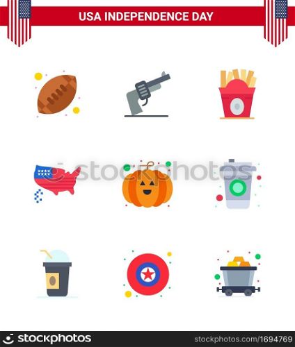 USA Independence Day Flat Set of 9 USA Pictograms of pumpkin; usa; frise; thanksgiving; american Editable USA Day Vector Design Elements