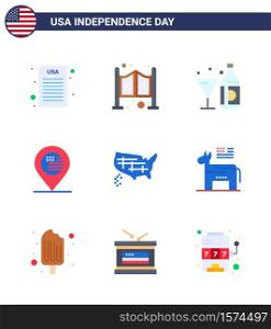 USA Independence Day Flat Set of 9 USA Pictograms of states; sign; wine; map; american Editable USA Day Vector Design Elements
