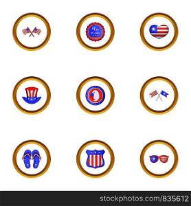 USA independence day icons set. Cartoon style set of 9 USA independence day vector icons for web design. USA independence day icons set, cartoon style
