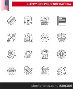 USA Independence Day Line Set of 16 USA Pictograms of basketball  united  building  states  white Editable USA Day Vector Design Elements