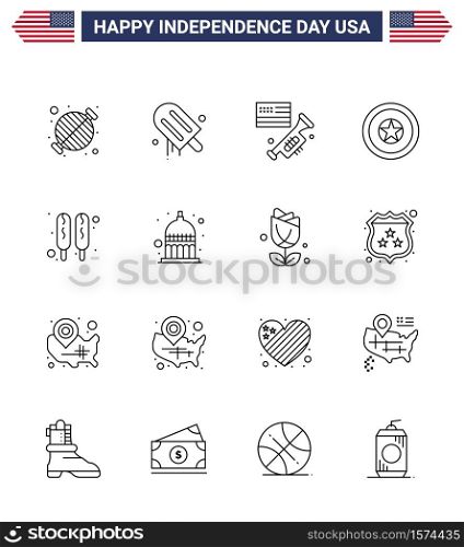 USA Independence Day Line Set of 16 USA Pictograms of corn dog; independence day; usa; independece; american Editable USA Day Vector Design Elements