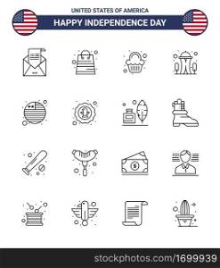 USA Independence Day Line Set of 16 USA Pictograms of country  needle  shop  landmark  celebration Editable USA Day Vector Design Elements