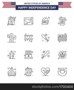 USA Independence Day Line Set of 16 USA Pictograms of plent; cactus; burger; soda; beverage Editable USA Day Vector Design Elements