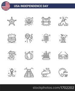 USA Independence Day Line Set of 16 USA Pictograms of sign  american  bridge  c& tent free Editable USA Day Vector Design Elements