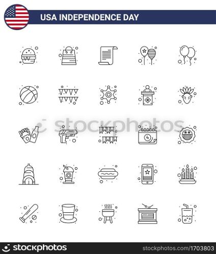 USA Independence Day Line Set of 25 USA Pictograms of balloons  party  file  day  balloons Editable USA Day Vector Design Elements