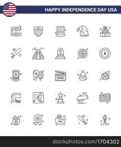 USA Independence Day Line Set of 25 USA Pictograms of building; eagle; usa; bird; usa Editable USA Day Vector Design Elements