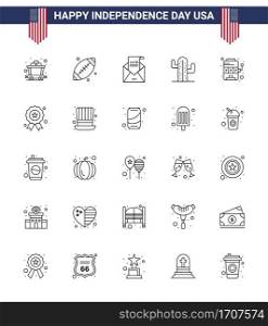 USA Independence Day Line Set of 25 USA Pictograms of machine  american  envelope  plent  cactus Editable USA Day Vector Design Elements
