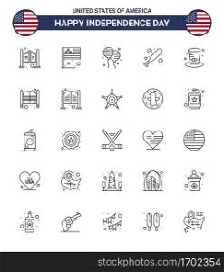 USA Independence Day Line Set of 25 USA Pictograms of presidents  day  bloon  hardball  baseball Editable USA Day Vector Design Elements
