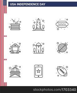 USA Independence Day Line Set of 9 USA Pictograms of building; mine; usa; cart; food Editable USA Day Vector Design Elements