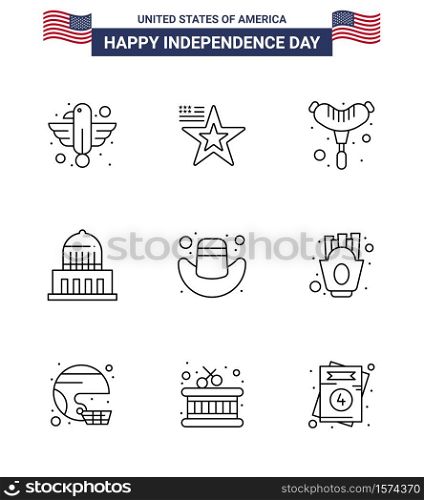 USA Independence Day Line Set of 9 USA Pictograms of cap; usa; usa; landmark; building Editable USA Day Vector Design Elements