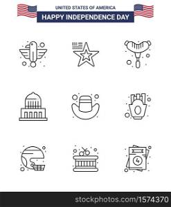 USA Independence Day Line Set of 9 USA Pictograms of cap; usa; usa; landmark; building Editable USA Day Vector Design Elements