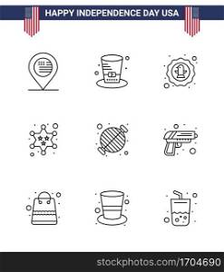 USA Independence Day Line Set of 9 USA Pictograms of food; police; american; military; badge Editable USA Day Vector Design Elements